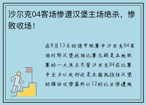 沙尔克04客场惨遭汉堡主场绝杀，惨败收场！